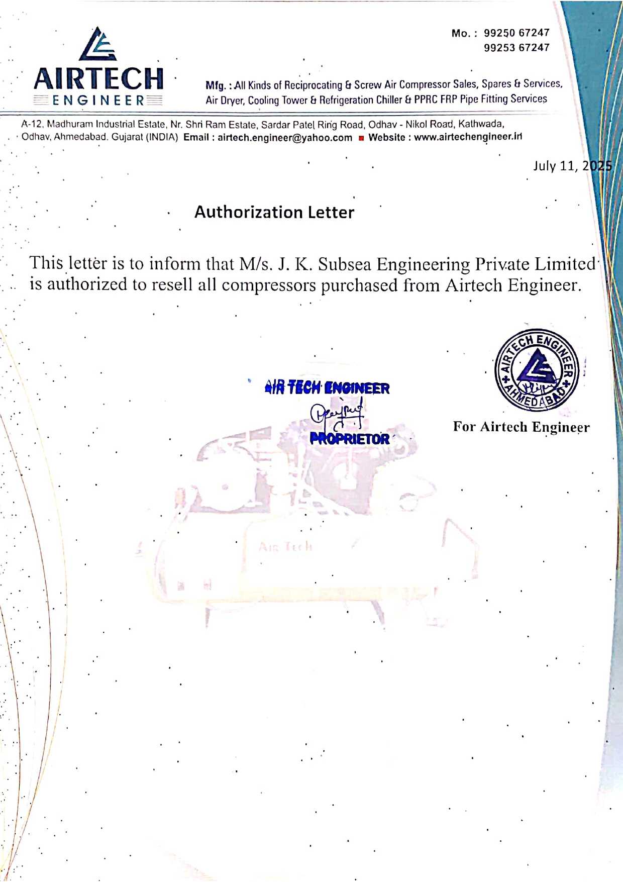 Authority Letter - Airtech Engineers
 Certificate of JKSEPL